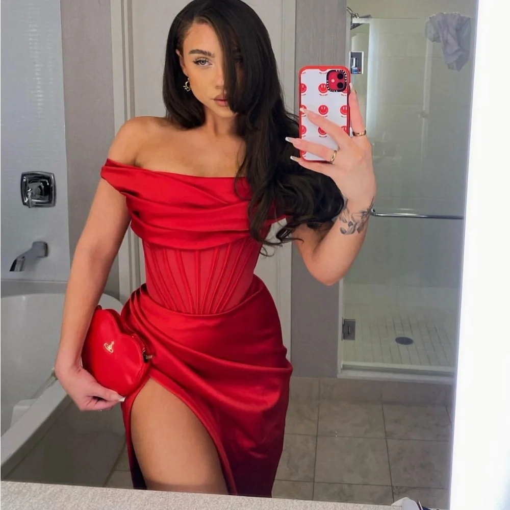 House of CB “Lulu” Red Asymmetric Drape Midi Corset Dress NWOT
